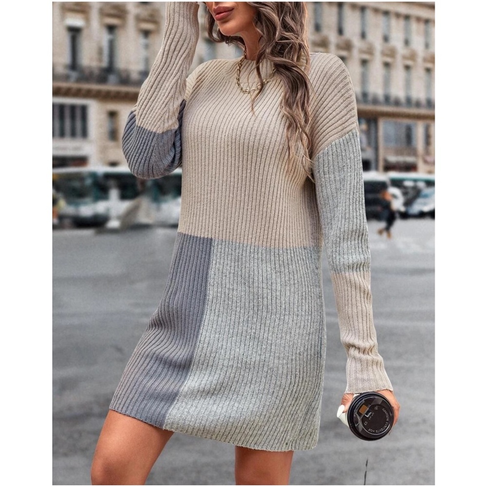 Cozy Color Block Mock Neck Sweater Dress - Picture 2 of 3